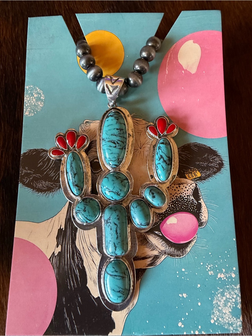 Western Boutique Silver Turquoise Red Large Cactus Pendant Necklace Navajo NEW - Picture 8 of 8